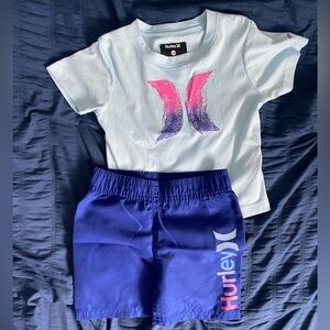 Hurley White Tee with Pink-to-Purple Logo & Royal Blue Swim Shorts